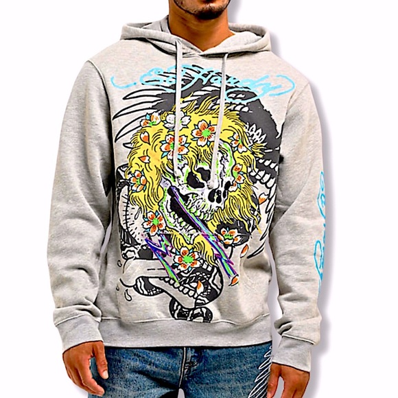 ED HARDY SWEATSHIRT Hoodie Graphic Yellow Hair Skull Gray Men’sSZ Small Unisex